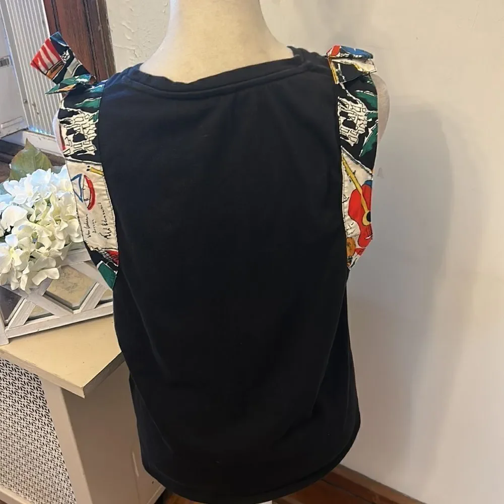 J Crew black sleeveless multicolored bow tie cotton blouse Size M EUC